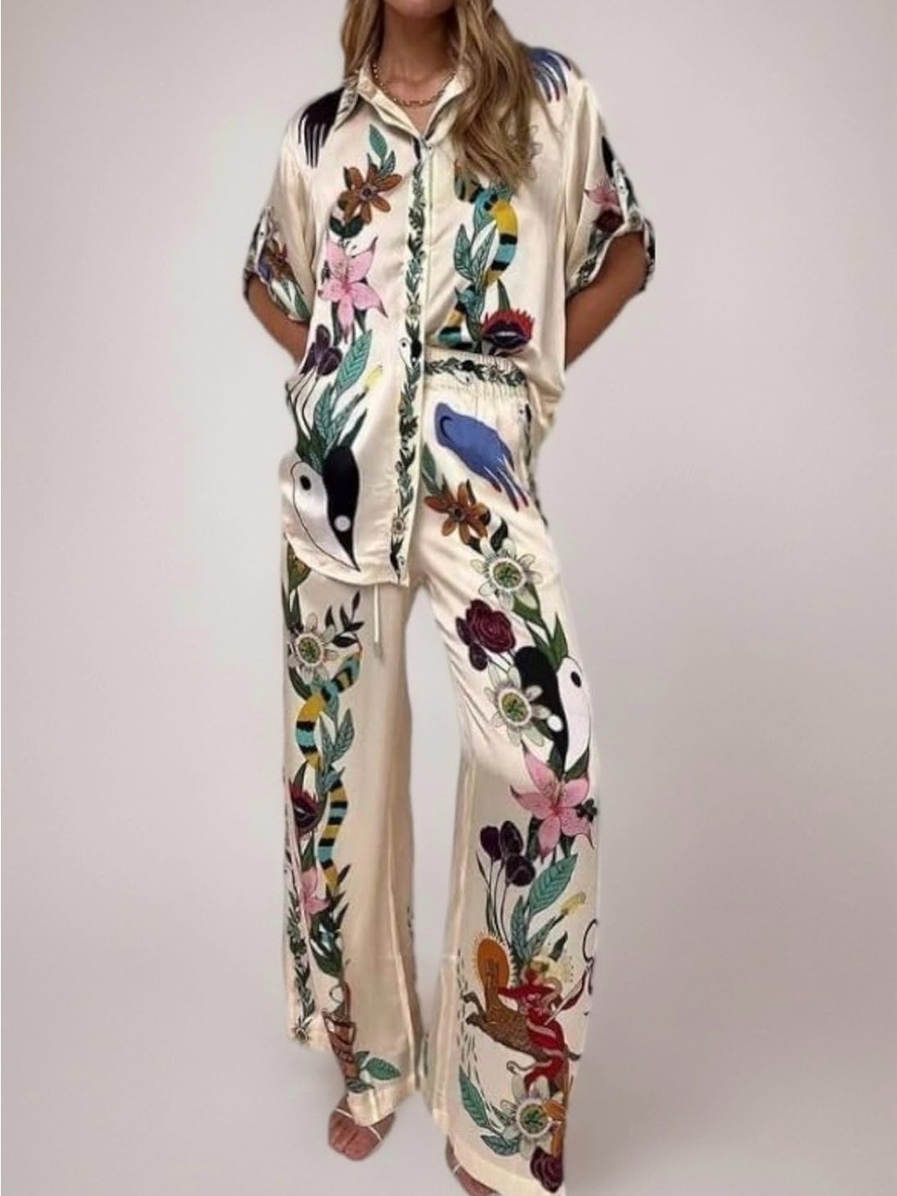 Cream Floral & Bird Print Wide-Leg Pant and Top Set